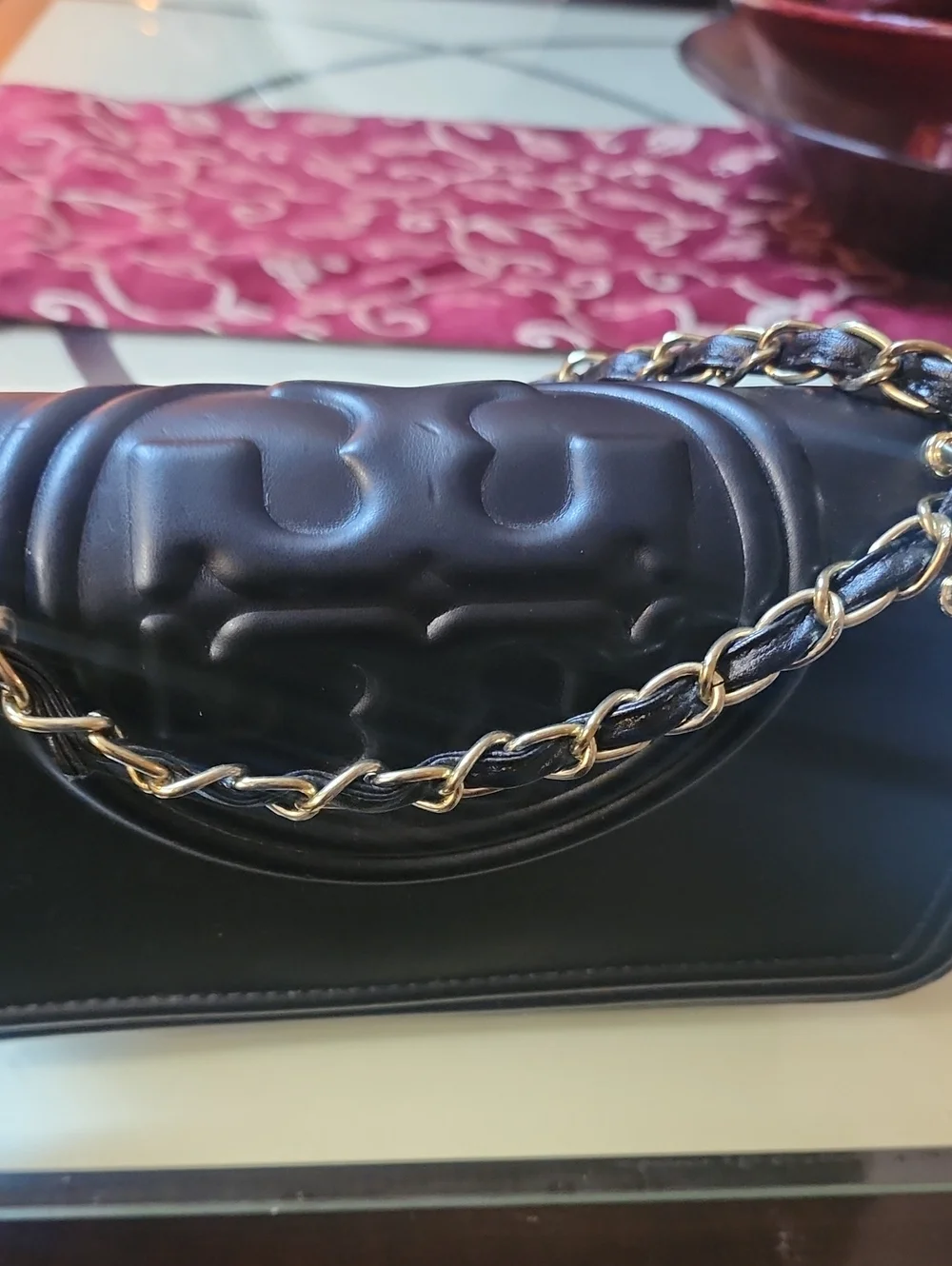 Tory Burch Black Quilted Leather Shoulder Bag with Gold Chain